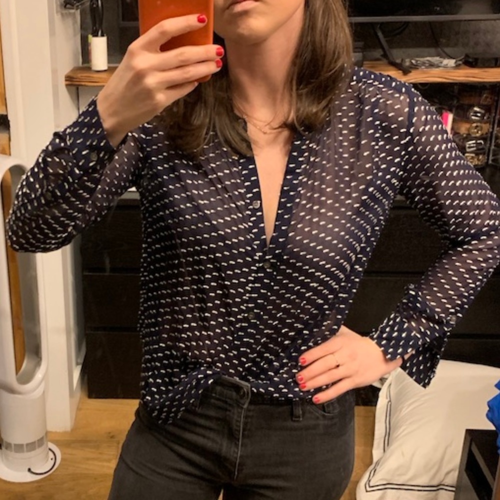 J Crew Navy Blue Dot Dash Silk Half Button Down